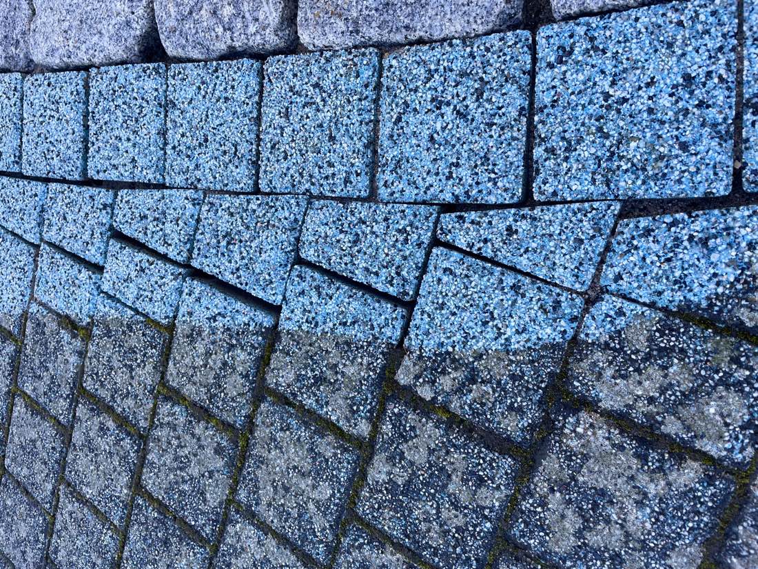 Oben das gereinigte blaugraue Pflaster, unten die noch unbehandelte, vergrünte Fläche, am Europaweg in Staudt